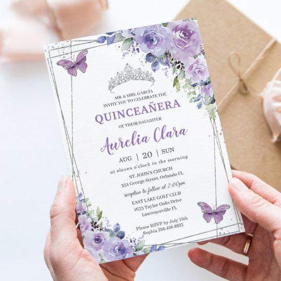 Quinceañera Purple Lilac Floral Butterflies Silver