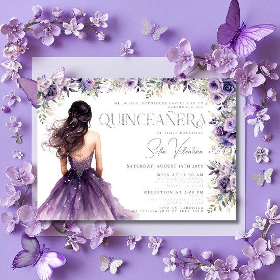 Quinceañera Purple Lilac Floral Silver Gown