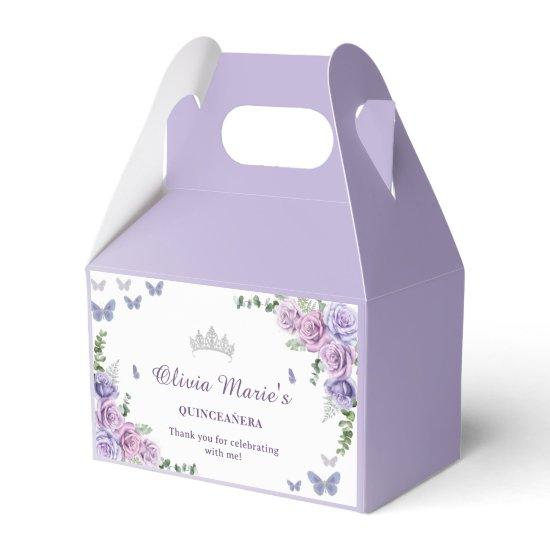 Quinceañera Purple Lilac Floral Tiara Butterflies Favor Boxes