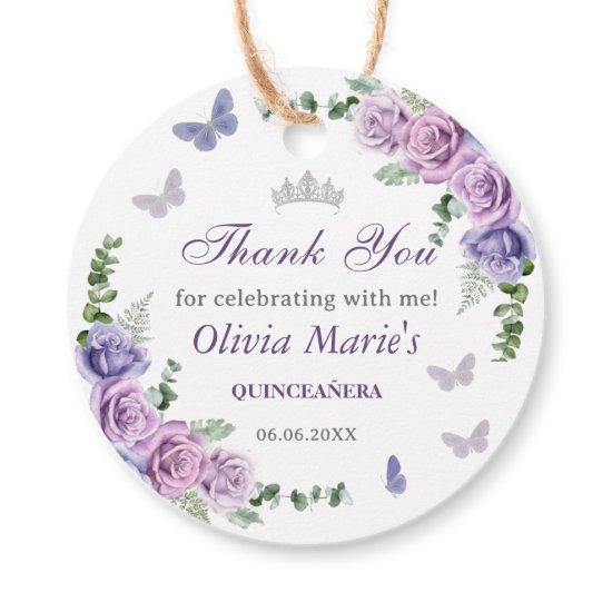 Quinceañera Purple Lilac Floral Tiara Butterflies Favor Tags