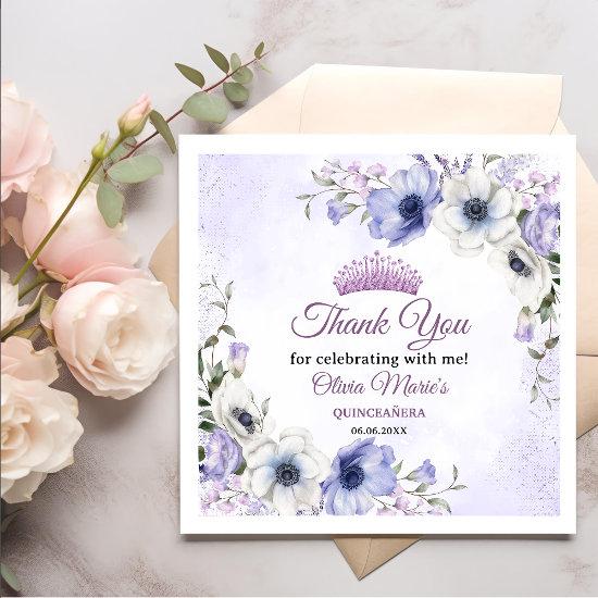 Quinceañera Purple Lilac Floral Tiara Butterflies  Napkins