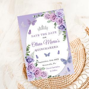 Quinceañera Purple Lilac Floral Tiara Butterflies Save The Date