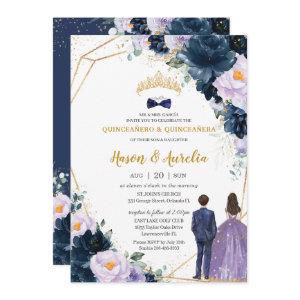 Quinceañera Purple Lilac Navy Blue Floral Twins