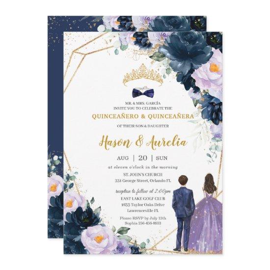 Quinceañera Purple Lilac Navy Blue Floral Twins