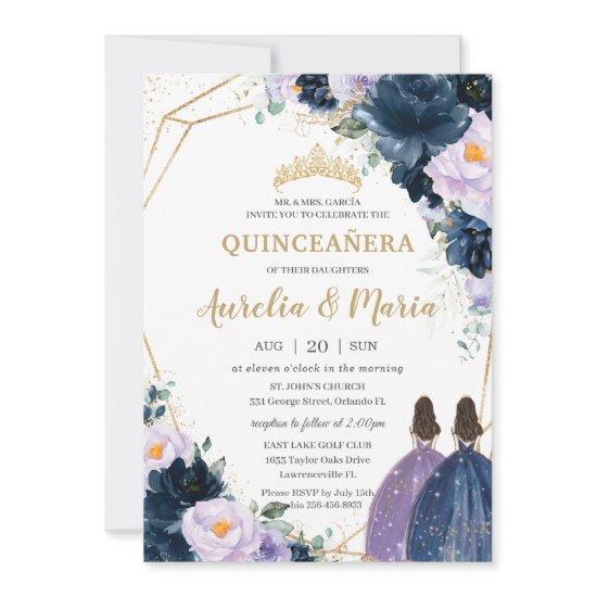 Quinceañera Purple Lilac Navy Blue Floral Twins