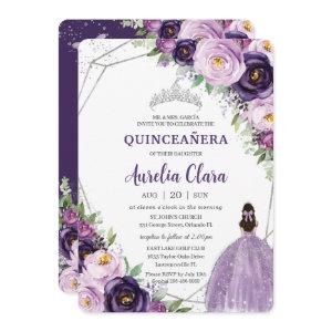 Quinceañera Purple Lilac Plum Floral Silver Dress