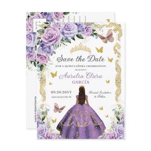 Quinceañera Purple Lilac Rose Floral Gold Princess Announcement Postcard