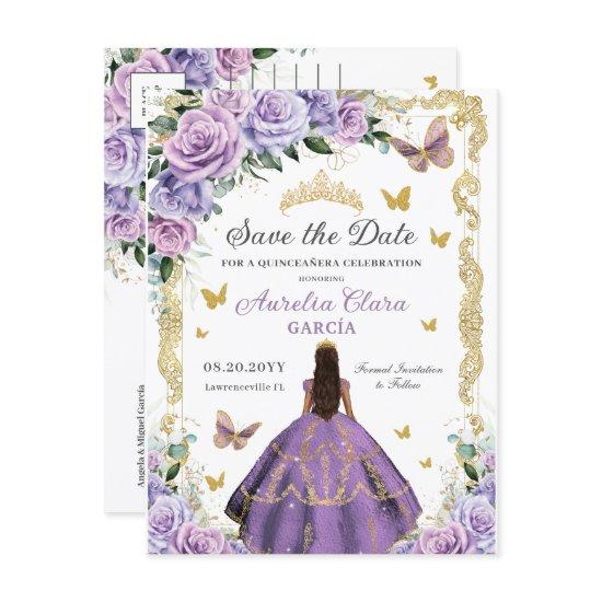 Quinceañera Purple Lilac Rose Floral Gold Princess Announcement Postcard