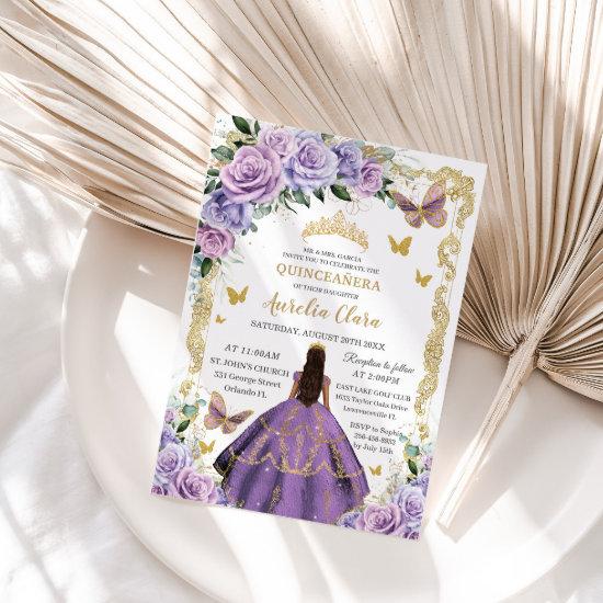 Quinceañera Purple Lilac Rose Floral Gold Princess