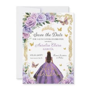 Quinceañera Purple Lilac Rose Floral Gold Princess Save The Date