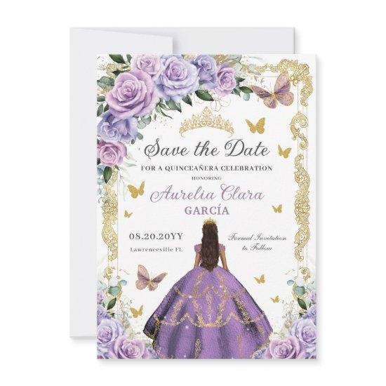 Quinceañera Purple Lilac Rose Floral Gold Princess Save The Date