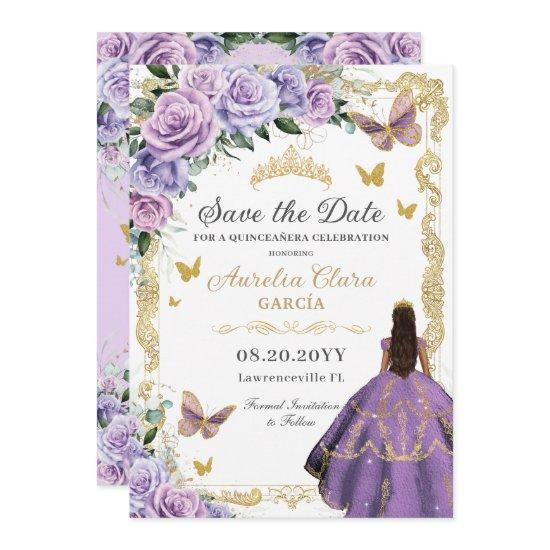 Quinceañera Purple Lilac Rose Floral Gold Princess Save The Date