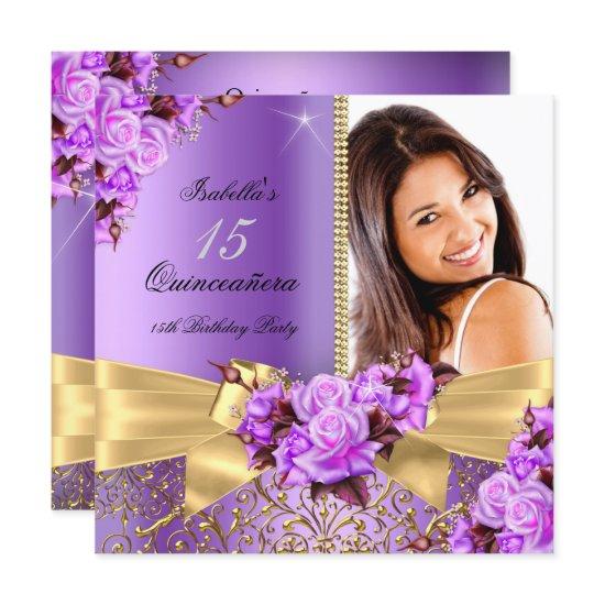 Quinceanera Purple Photo Gold Rose 15th Birthday