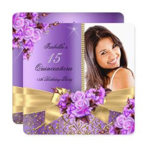 Quinceanera Purple Photo Gold Rose 15th Birthday