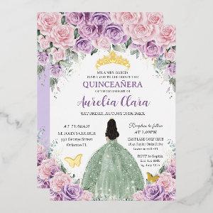 Quinceañera Purple Pink Floral Sage Green Dress Foil