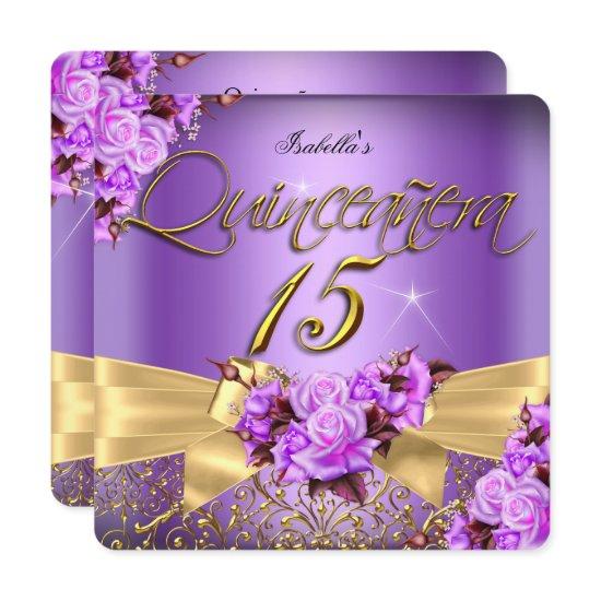 Quinceanera Purple Pink Rose Birthday Gold Bow