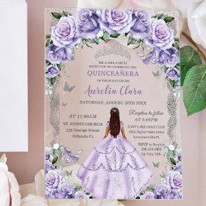 Quinceañera Purple Roses Floral Silver Princess Acrylic