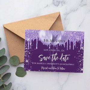 Quinceanera purple violet sparkles balloons save the date