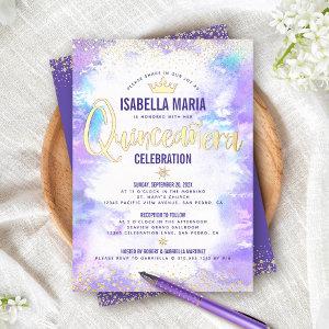 Quinceañera Purple Watercolor Chic Crown Real Gold Foil