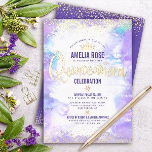 Quinceañera Purple Watercolor Glam Crown Real Gold Foil