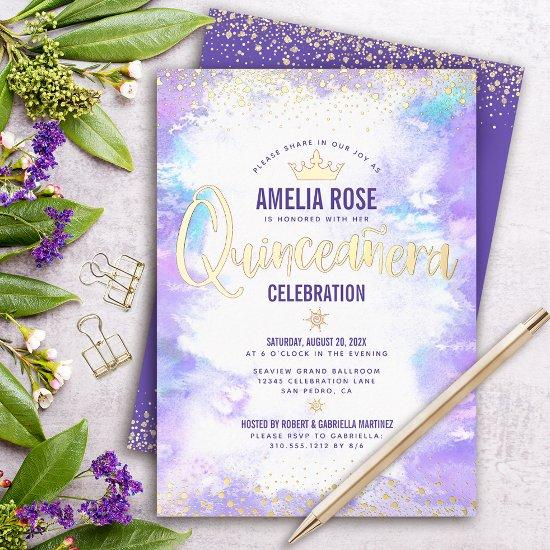 Quinceañera Purple Watercolor Glam Crown Real Gold Foil