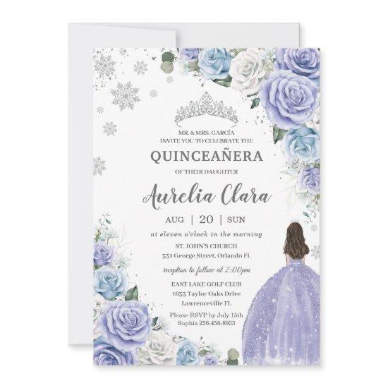 Quinceañera Purple White Blue Floral Winter Snow
