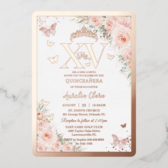 Quinceañera Quince 15 XV Blush Floral Rose Gold Foil