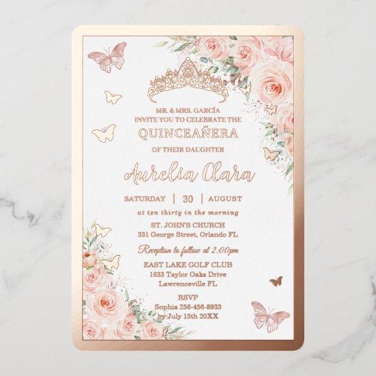 Quinceañera Quince Sweet 16 Blush Floral Rose Gold Foil