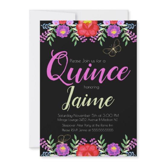Quinceanera Quince Watercolor Floral Pink Black