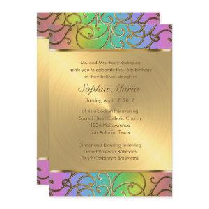 Quinceanera Rainbow and Gold Filigree Swirls