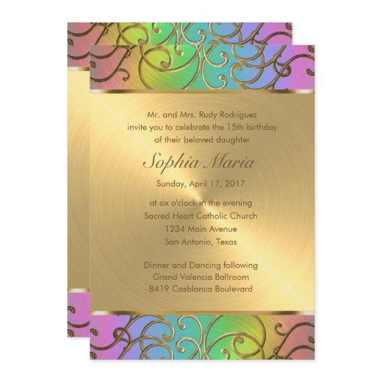 Quinceanera Rainbow and Gold Filigree Swirls