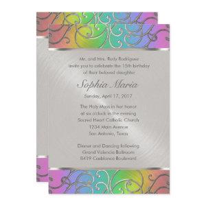 Quinceanera Rainbow and Silver Filigree Swirls