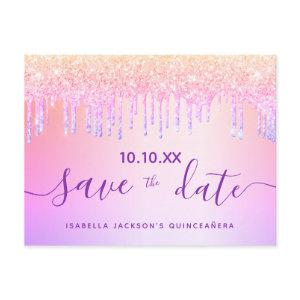 Quinceanera rainbow glitter pink save the date postcard