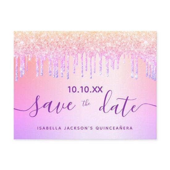 Quinceanera rainbow glitter pink save the date postcard