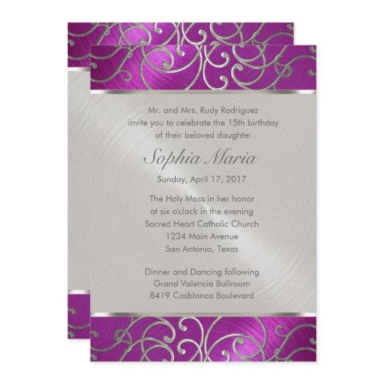 Quinceanera Raspberry and Silver Filigree Swirls