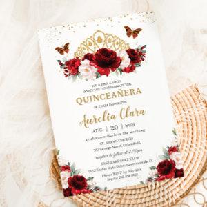 Quinceañera Red and Blush Floral Butterflies Tiara