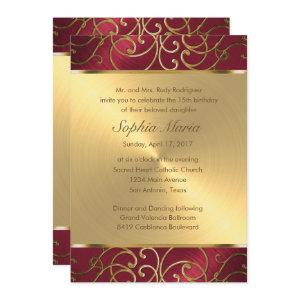 Quinceanera Red and Gold Filigree Swirls