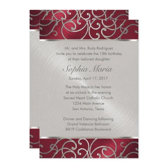 Quinceanera Red and Silver Filigree Swirls