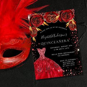 Quinceanera red black glitter dress florals