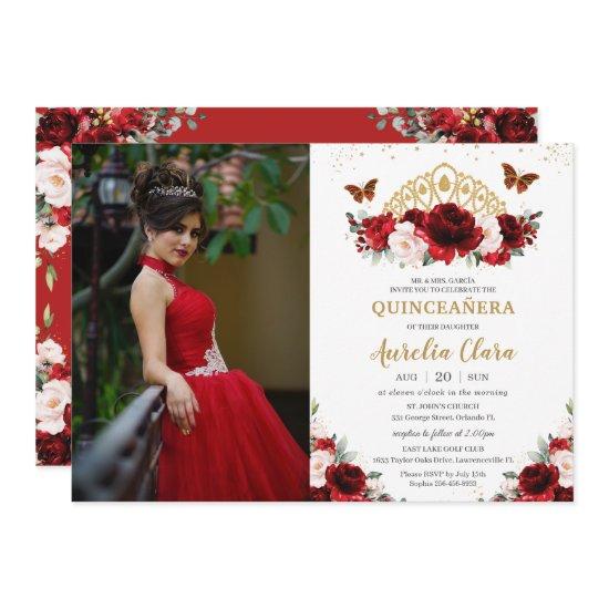Quinceañera Red Blush Floral Butterflies Crown