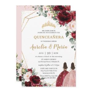 Quinceañera Red Blush Pink Rose Gold Floral Twins