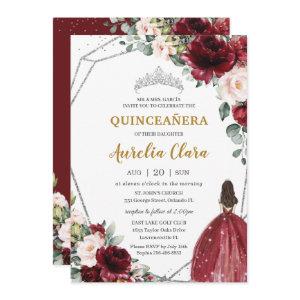 Quinceañera Red Burgundy Blush Floral Silver Tiara