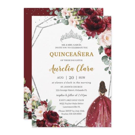 Quinceañera Red Burgundy Blush Floral Silver Tiara
