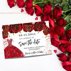 Quinceanera red dress florals white save the date announcement postcard