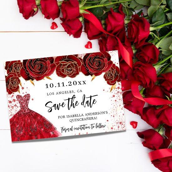 Quinceanera red dress florals white save the date announcement postcard