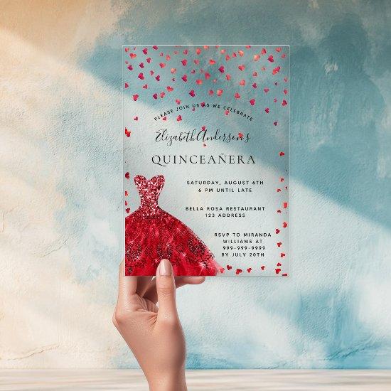 Quinceanera red dress hearts clear acrylic