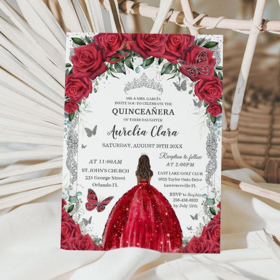 Quinceañera Red Dress Roses Floral Vintage Silver