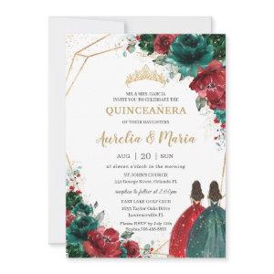 Quinceañera Red Emerald Green Floral Twins Gold