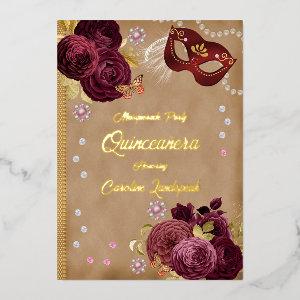 Quinceañera Red English Roses & Gold Red Mask Foil