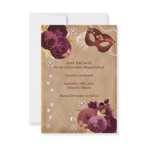 Quinceañera Red English Roses Gold Red Masquerade Save The Date